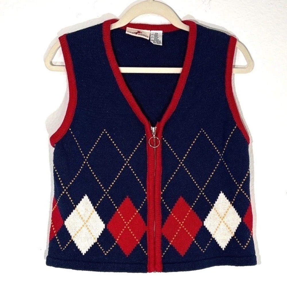 VTG Womens M Blue Argyle Sweater Cardigan Vest Zipper Red Trim Academia Preppy‎